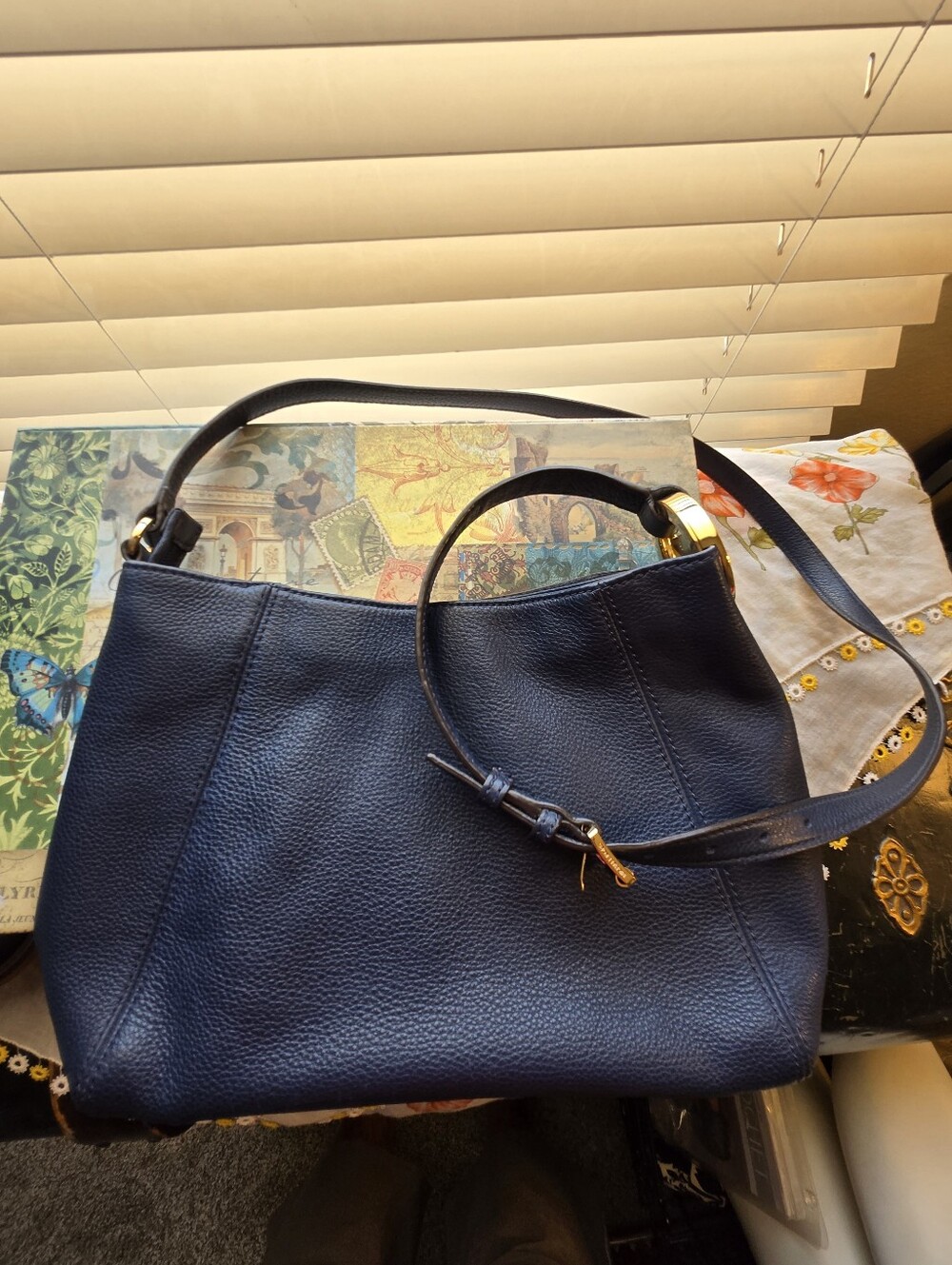 Michael Kors Soff Prbbled Leather Hobo Crossbody Bag in Navy Blue